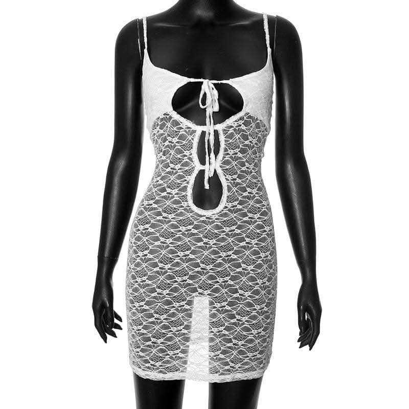 Hollow out lace see through cami cut out mini dress-final-sale  | Festival Outfits Women