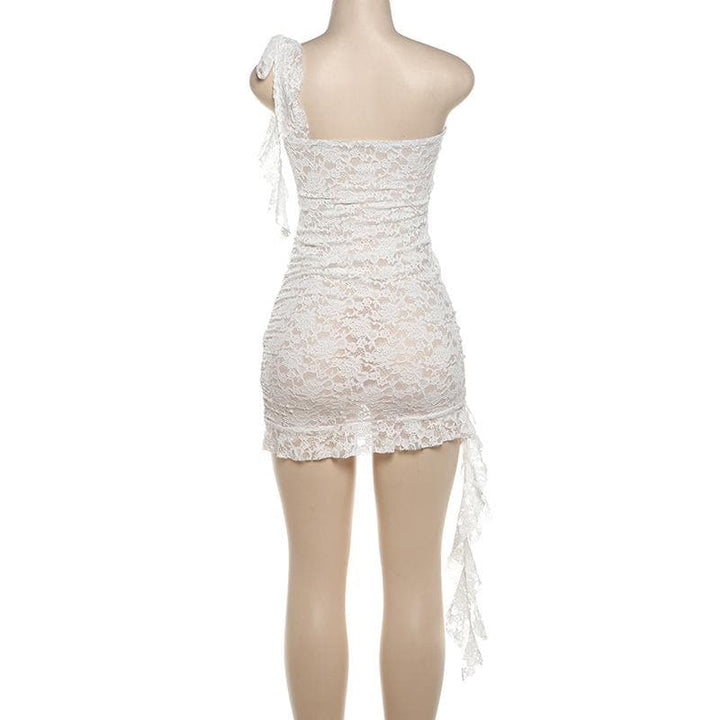 Lace see through one shoulder ruffle knotted ruched mini dress  | Festival Outfits Women-final-sale