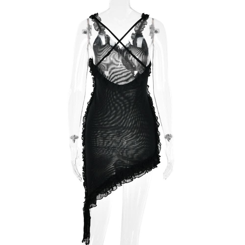 Sheer mesh see through ruffle solid cross back irregular mini dress-final-sale  | Festival Outfits Women
