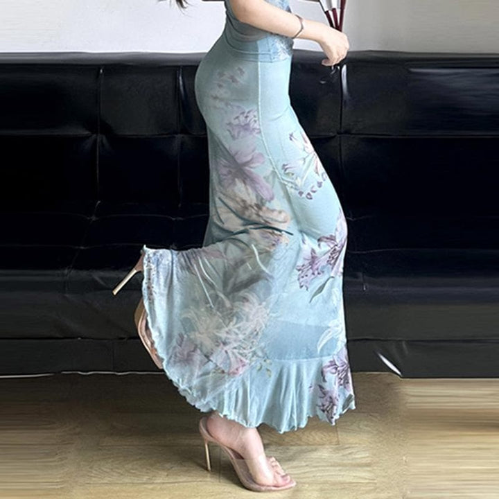 Ruched ruffle cowl neck  flower print mesh maxi skirt set-final-sale