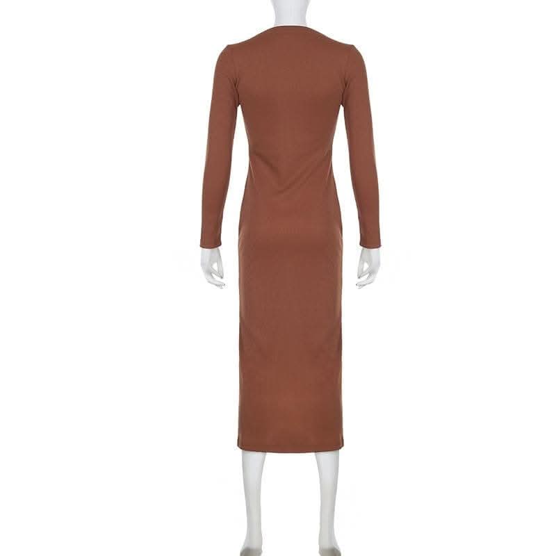 Long sleeve button high slit v neck irregular midi dress-final-sale  | Festival Outfits Women