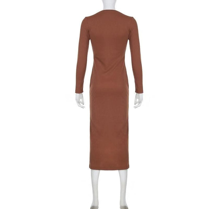 Long sleeve button high slit v neck irregular midi dress-final-sale  | Festival Outfits Women