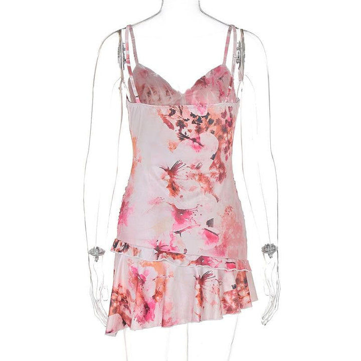 V neck ruffle ruched print backless cami mini dress  | Festival Outfits Women