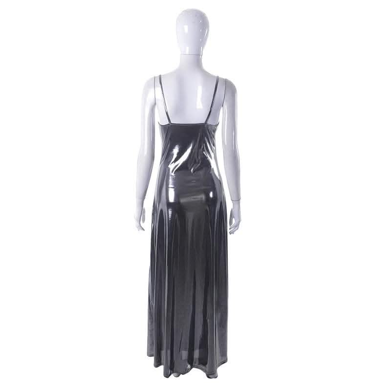 Metallic v neck backless solid low cut cami maxi dress-final-sale  | Festival Outfits Women