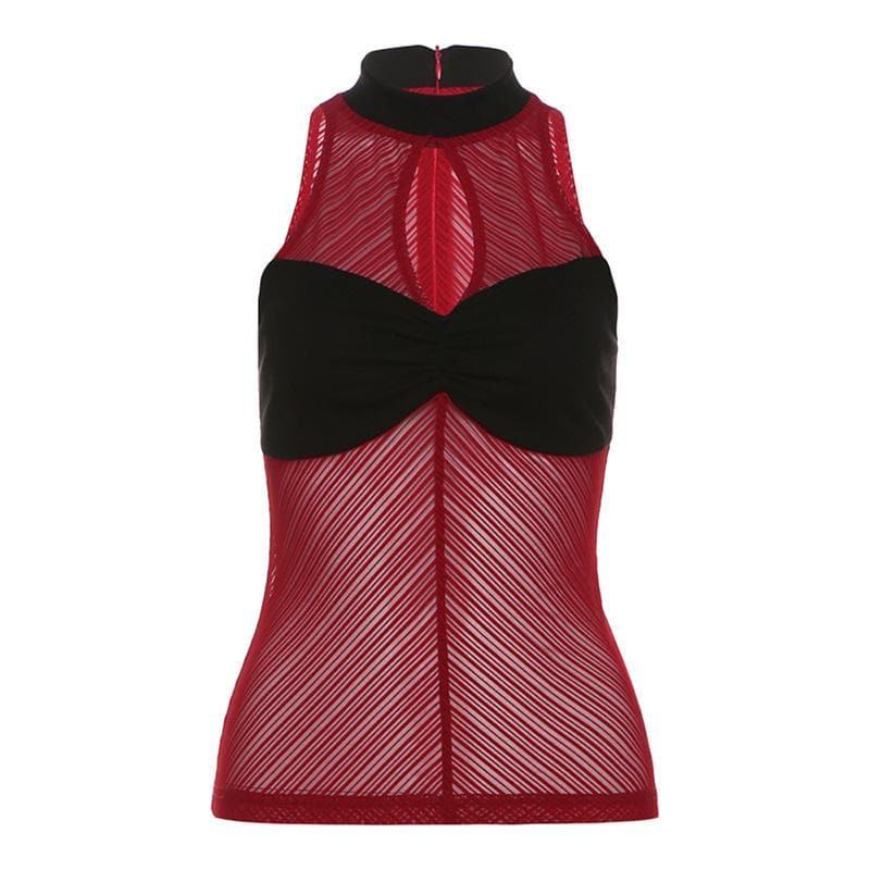 High neck ruched hollow out mesh zip-up tank cut out top  | Festival Outfits Women