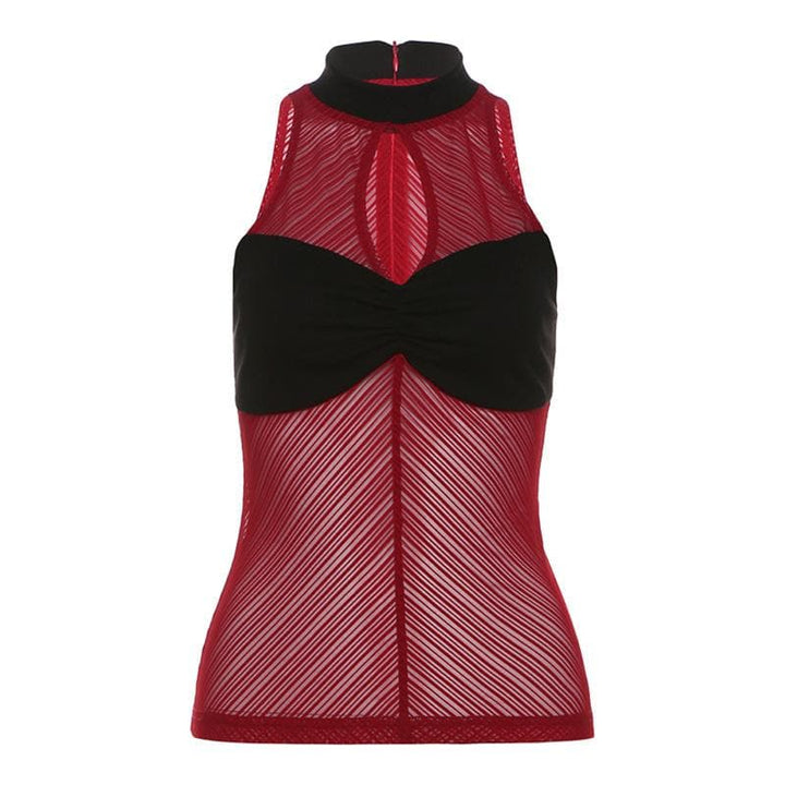 High neck ruched hollow out mesh zip-up tank cut out top  | Festival Outfits Women