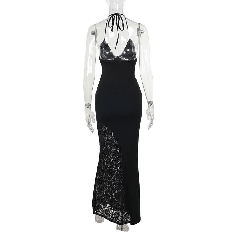 Lace v neck halter self tie ruched maxi dress  | Festival Outfits Women