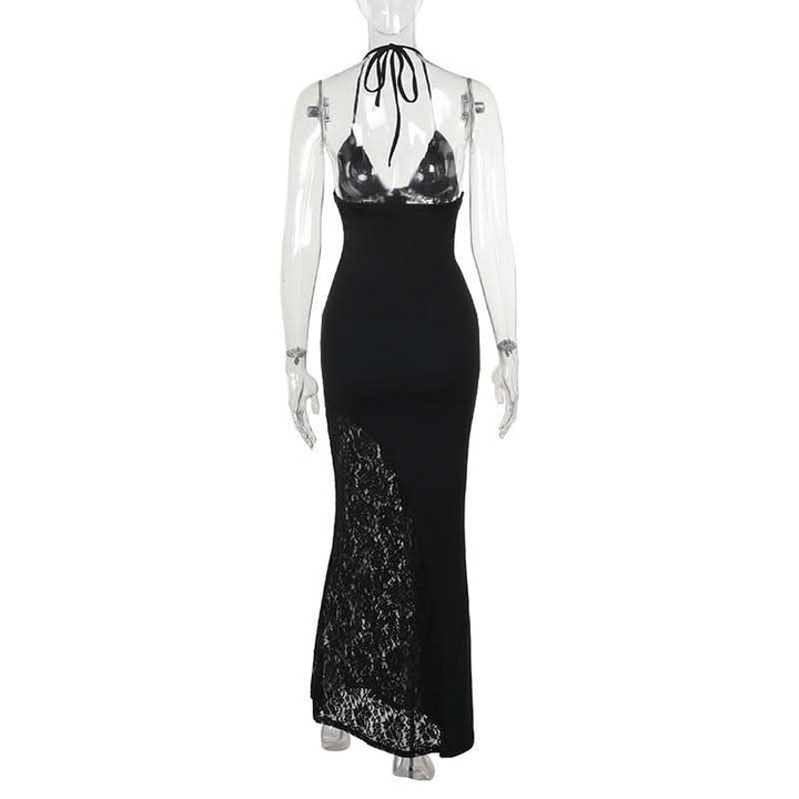 Lace v neck halter self tie ruched maxi dress  | Festival Outfits Women