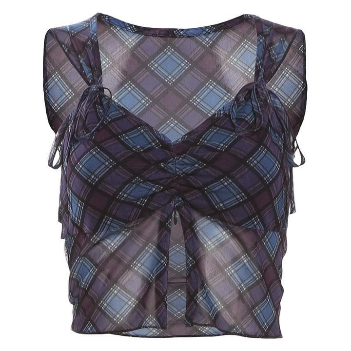 V neck plaid print bowknot crop top  | Festival Outfits Women