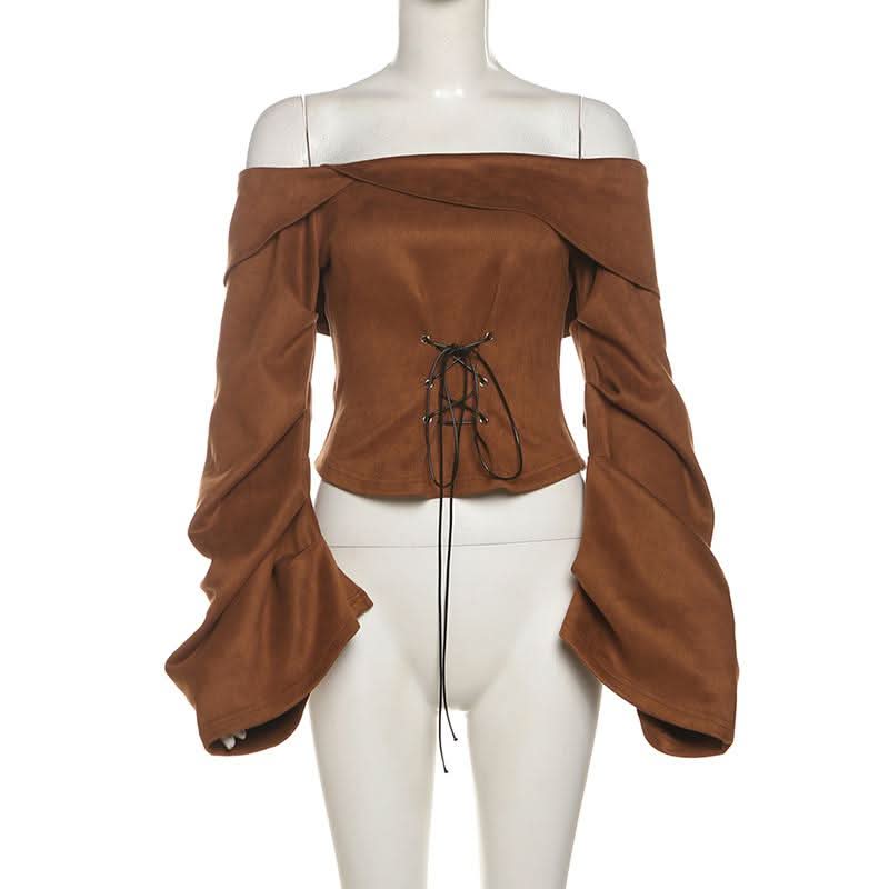 Off shoulder long sleeve lace up zip-up top  | Festival Outfits Women
