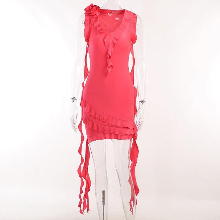 Sleeveless v neck ruffle flower applique ribbon mini dress-final-sale  | Festival Outfits Women