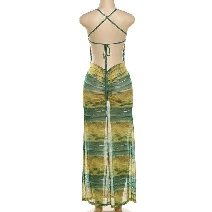 Sheer mesh contrast high slit ruched knotted cami maxi dress  | Festival Outfits Women