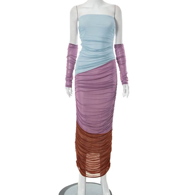 Mesh ruched contrast patchwork off shoulder maxi tube dress-final-sale  | Festival Outfits Women