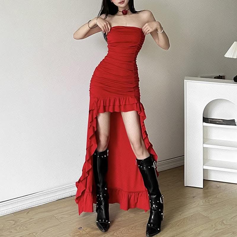 Ruched ruffle solid backless tube maxi dress-final-sale  | Festival Outfits Women