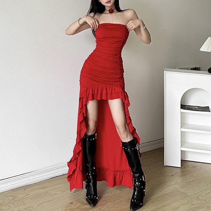 Ruched ruffle solid backless tube maxi dress-final-sale  | Festival Outfits Women