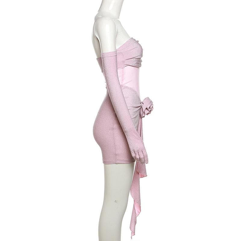 Gloves flower applique mesh patchwork ruched tube mini dress-final-sale  | Festival Outfits Women