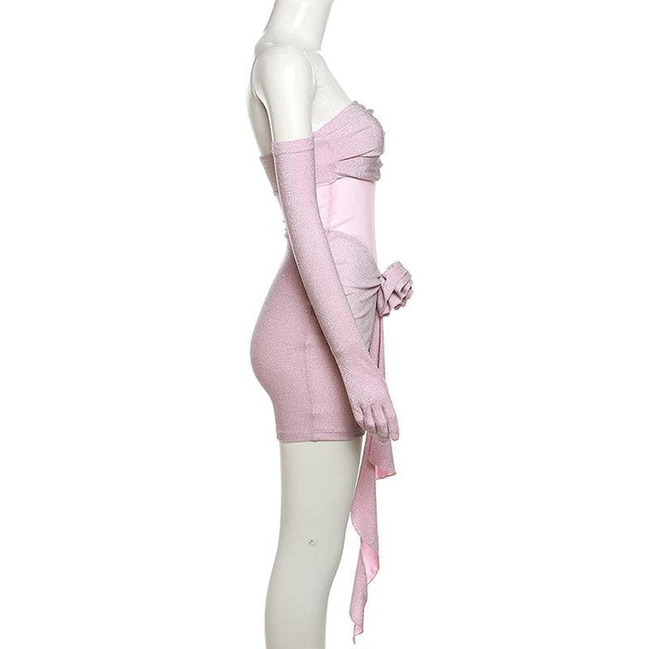 Gloves flower applique mesh patchwork ruched tube mini dress-final-sale  | Festival Outfits Women