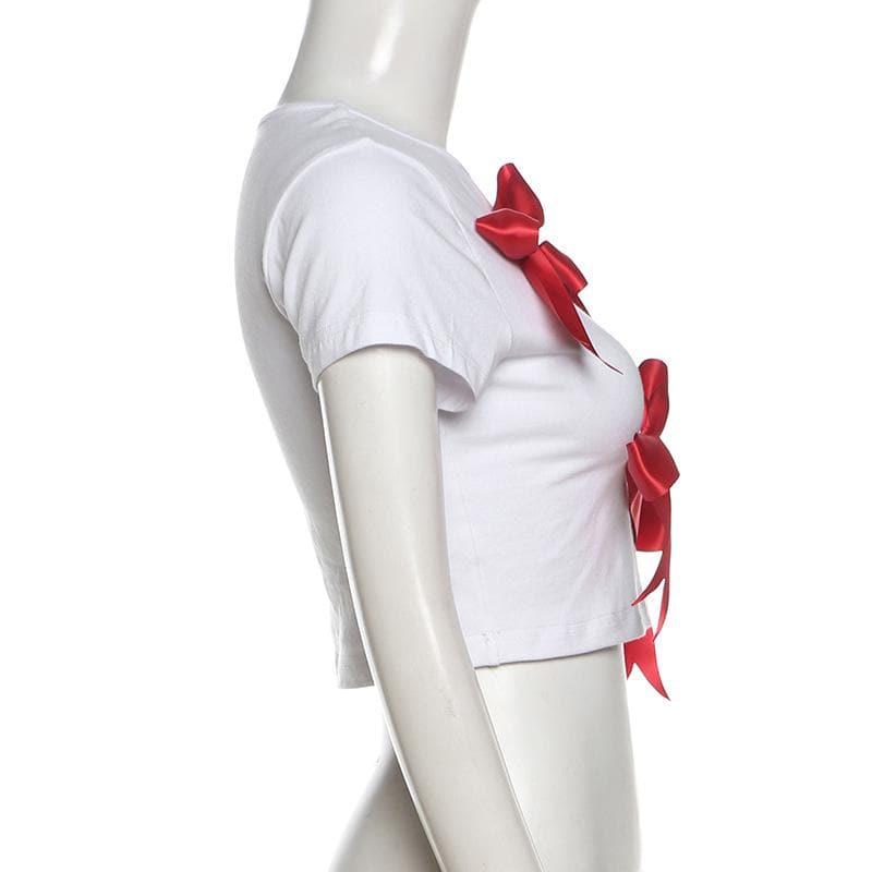 Takalmin ɗaukar kaya na gajeren hannu na bowknot crewneck | Kayan Biki na Mata