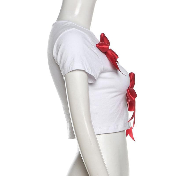 Takalmin ɗaukar kaya na gajeren hannu na bowknot crewneck | Kayan Biki na Mata