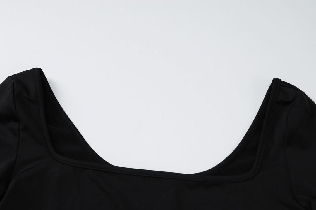 Long sleeve square neck ruched solid mini skirt set  | Festival Outfits Women