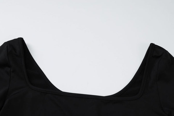 Long sleeve square neck ruched solid mini skirt set  | Festival Outfits Women