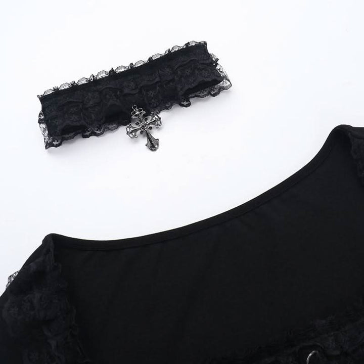 Long sleeve ruffle lace hem necklace top  | Festival Outfits Women