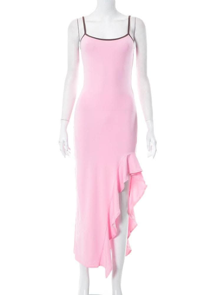Irregular ruffle backless solid u neck cami maxi dress-final-sale  | Festival Outfits Women