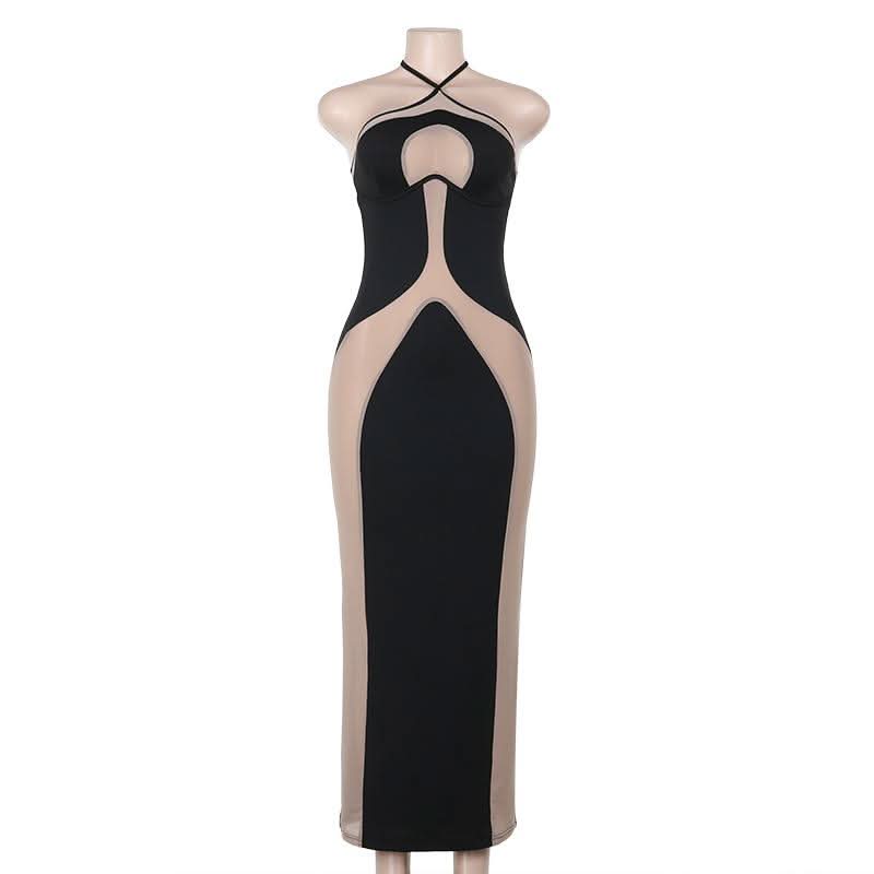 Halter self tie mesh patchwork backless maxi dress  | Festival Outfits Women