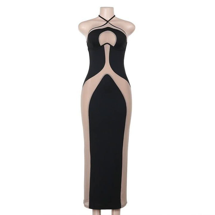 Halter self tie mesh patchwork backless maxi dress  | Festival Outfits Women