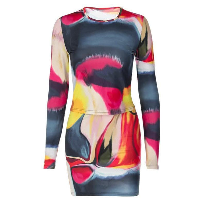 Long sleeve tie dye round neck mini skirt set-final-sale  | Festival Outfits Women