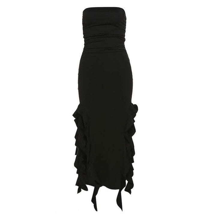 Solid slit irregular ruffle ribbon backless tube midi dress - Final Sale