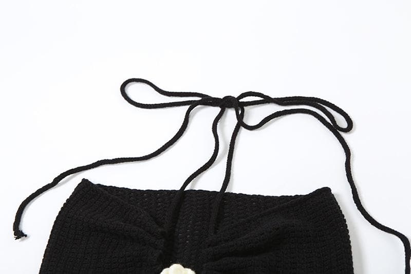 Halter knitted flower applique 3 piece mini skirt set  | Festival Outfits Women