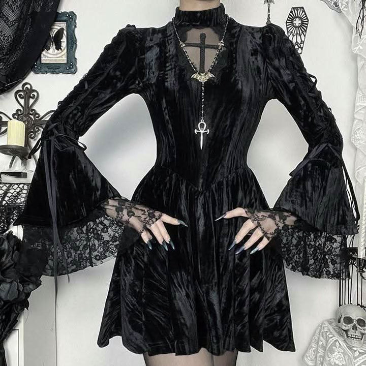 Long flared sleeve self tie velvet cross pattern mini dress  | Festival Outfits Women-final-sale