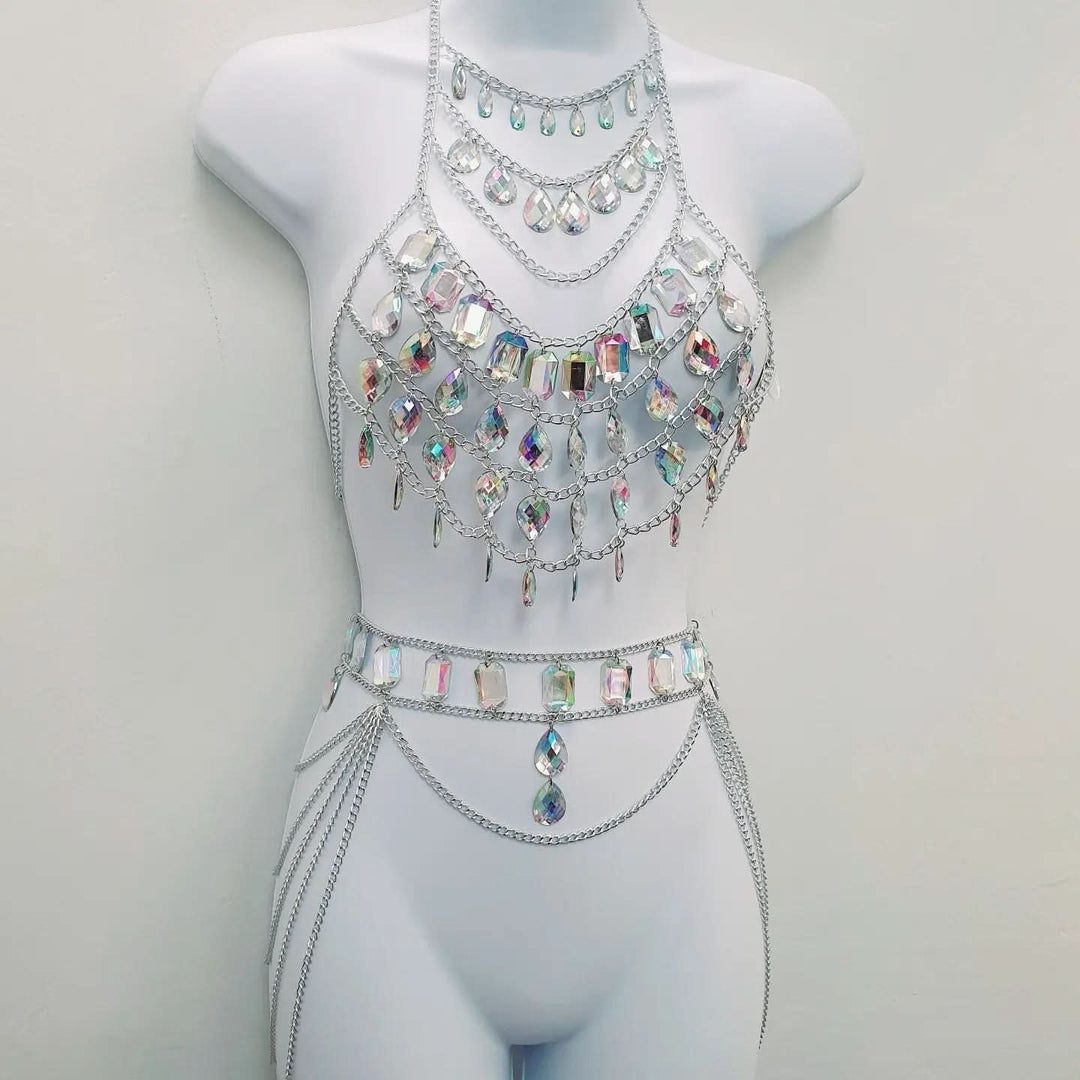 Halter crystal hollow out metal chain waist chain set  | Festival Outfits Women