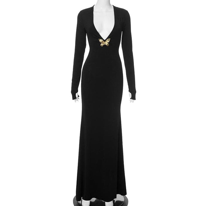 V neck long sleeve butterfly metal applique maxi dress-final-sale