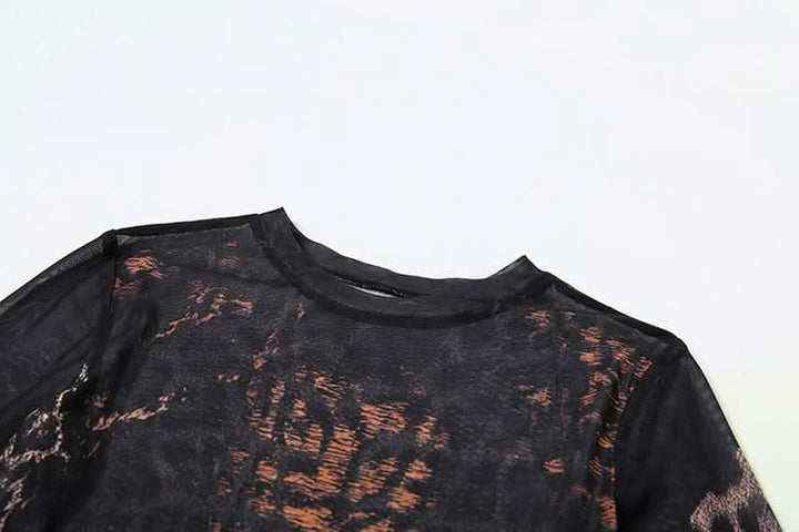 Crewneck long sleeve leopard print mesh mini dress  | Festival Outfits Women  | Leopard Print Mini Dress