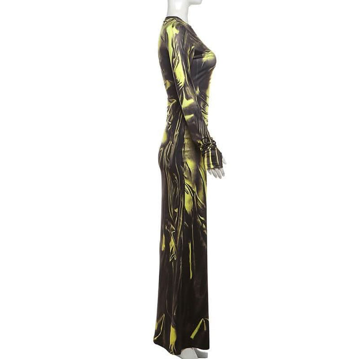 Long sleeve crewneck ruched print maxi dress-final-sale