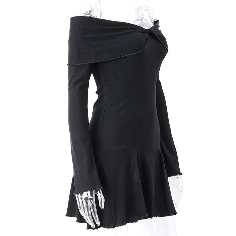 Long sleeve ruffle off shoulder solid ruched mini dress-final-sale  | Festival Outfits Women