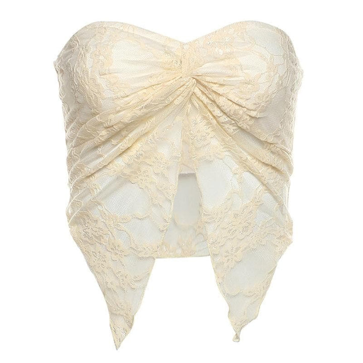 Lace ruched slit ruffle solid tube top  | Festival Outfits Women