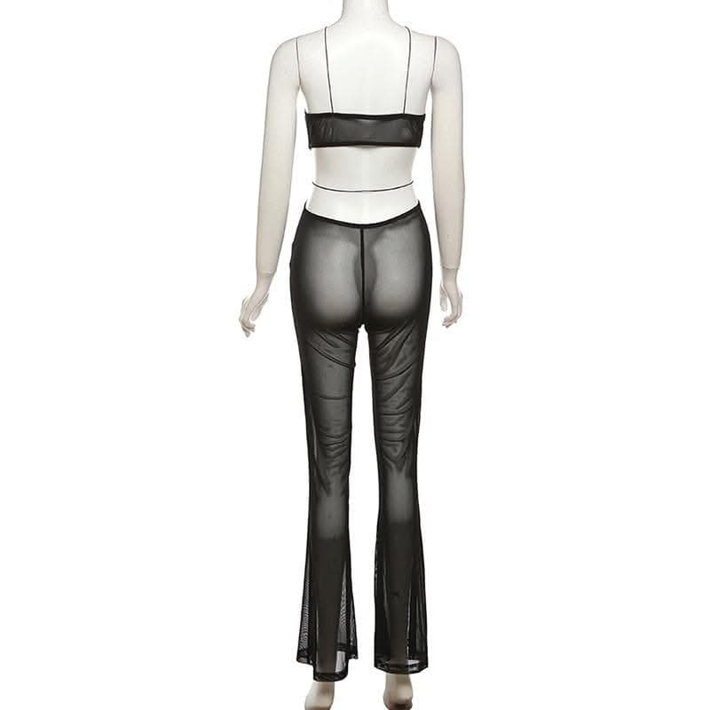 Sheer mesh solid ruffle see through cross front jumpsuit-final-sale  | Festival Outfits Women