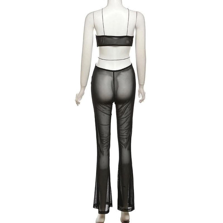 Sheer mesh solid ruffle see through cross front jumpsuit-final-sale  | Festival Outfits Women