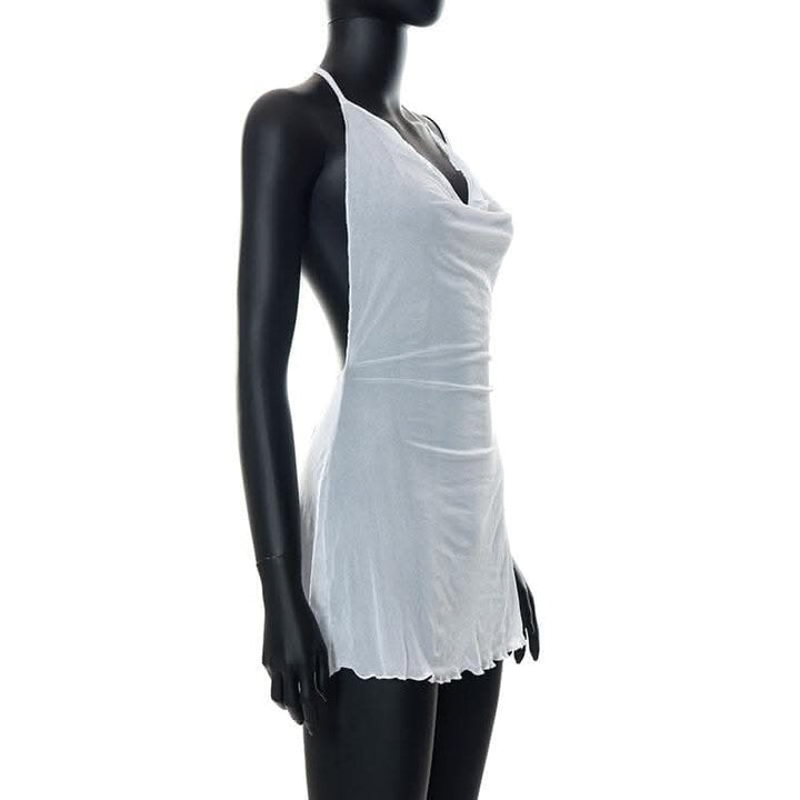 Halter cowl neck sheer mesh ruffle mini dress-final-sale