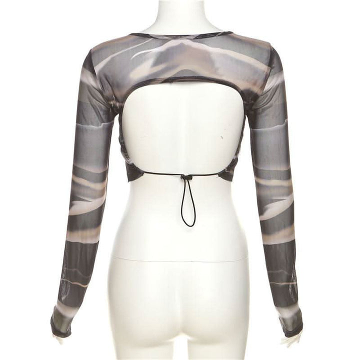 Long sleeve crewneck mesh backless crop top-final-sale | Mesh Long Sleeve Crop Top  | Festival Outfits Women