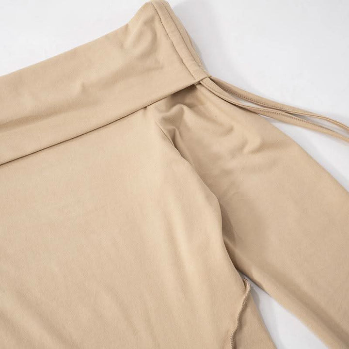 Long sleeve off shoulder ruched self tie stitch top  | Festival Outfits Women