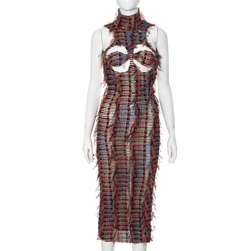 High neck hollow out mesh backless cut out midi dress  | Festival Outfits Women