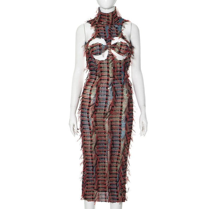 High neck hollow out mesh backless cut out midi dress  | Festival Outfits Women