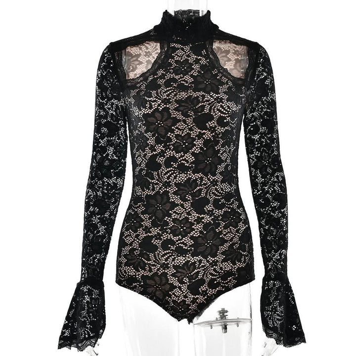 High neck long sleeve hollow out lace bodysuit  | Festival Outfits Women