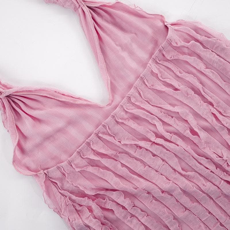 Textured ruffle solid halter self tie v neck backless maxi dress-final-sale  | Festival Outfits Women