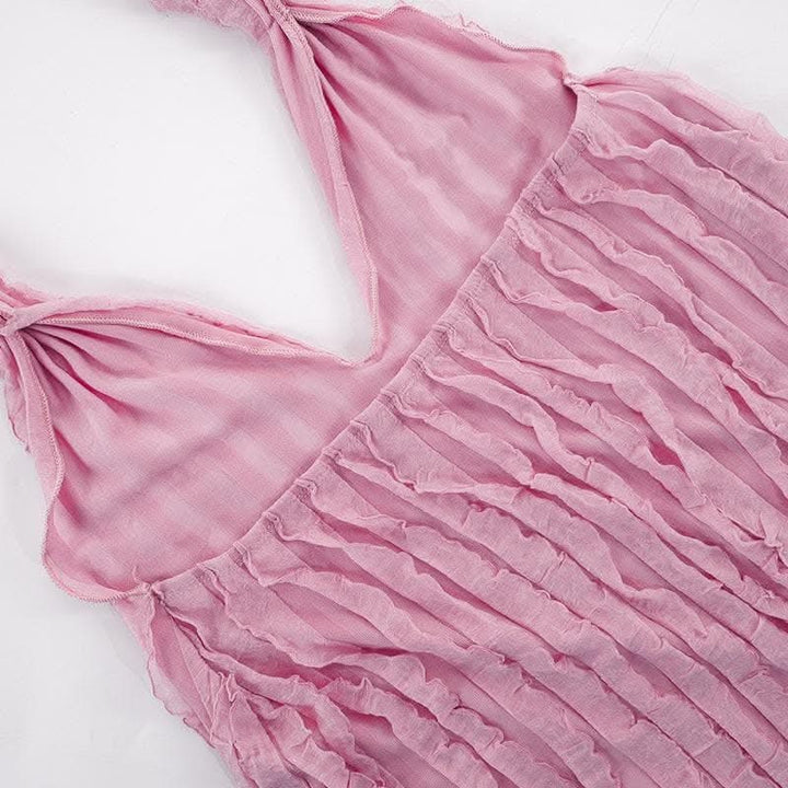 Textured ruffle solid halter self tie v neck backless maxi dress-final-sale  | Festival Outfits Women