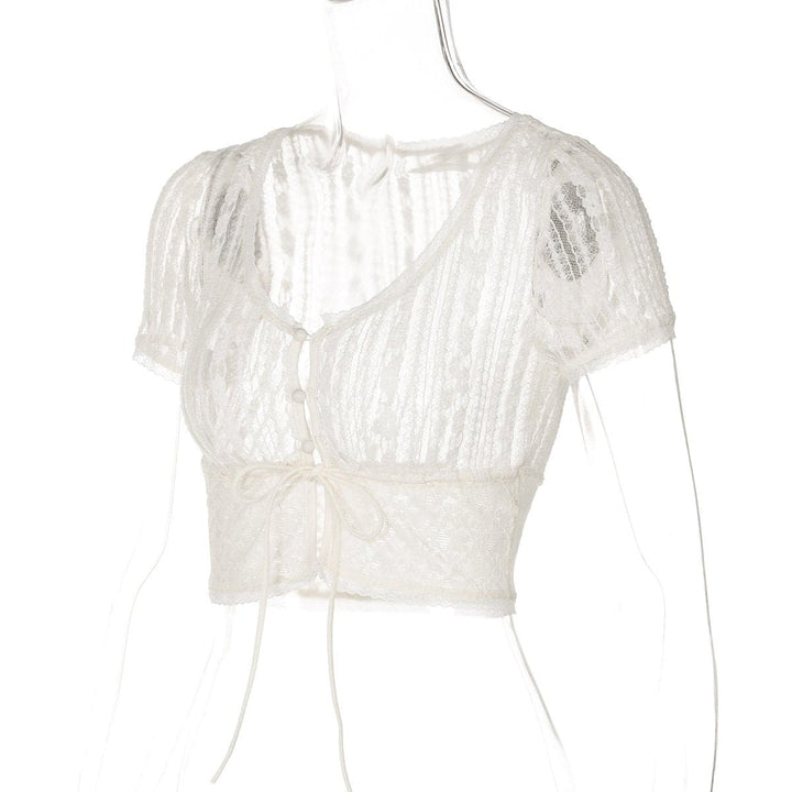 Short sleeve button lace see through crop top  | Festival Outfits Women